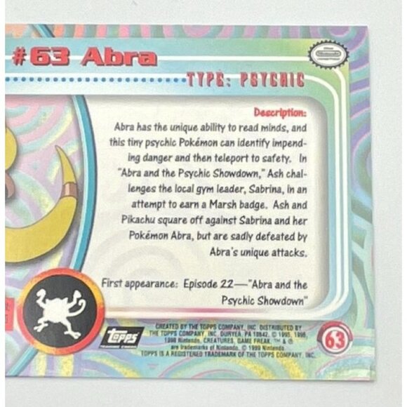 Abra Pokemon Card Topps #63 TV Animation Edition Series Black Logo - Picture 4 of 5